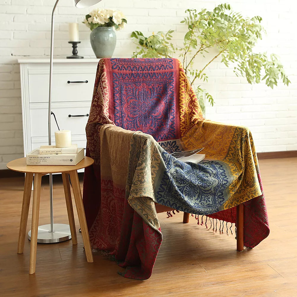 Bahar Red Chenille Blanket Tassel Sofa Cover